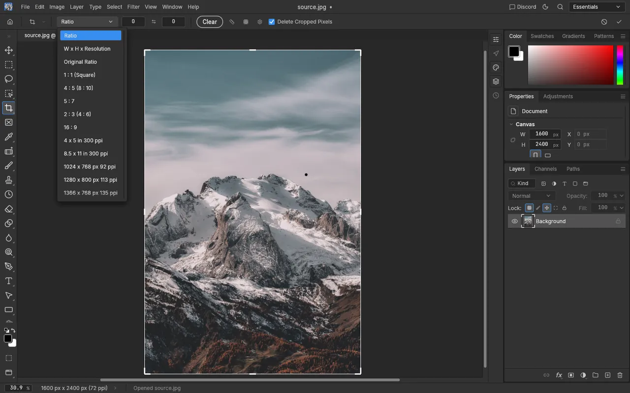 PhotoCraft's Crop tool with the Ratio menu open, listing 1:1, 4:5 and 16:9 over a mountain photo.