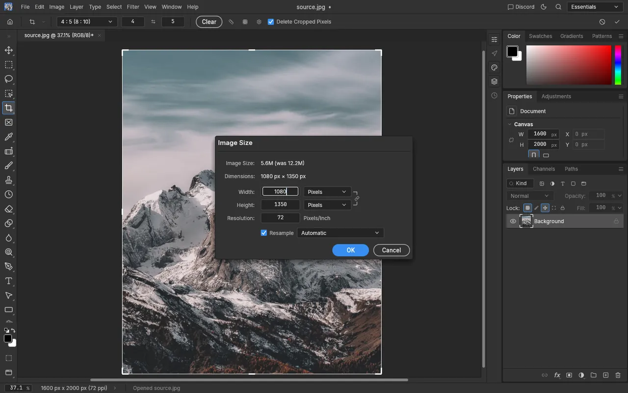 The Image Size dialog in PhotoCraft showing dimensions of 1080 by 1350 pixels after a 4:5 crop.